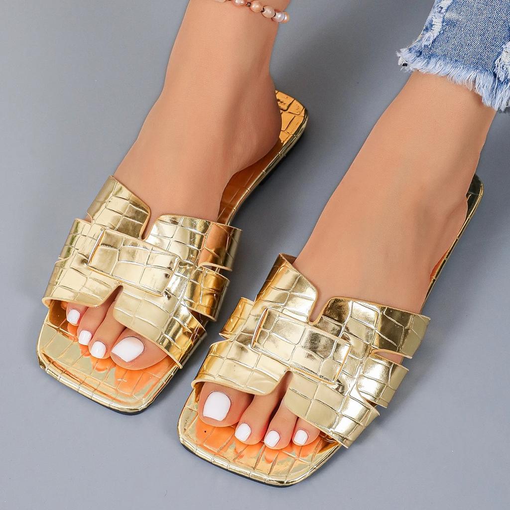 Золотистые открытые туфли на плоской подошве с каблуком, кожаные сандалии, тапочки для ванной, пляжная обувь, удобные сандалии без застежек для женщин