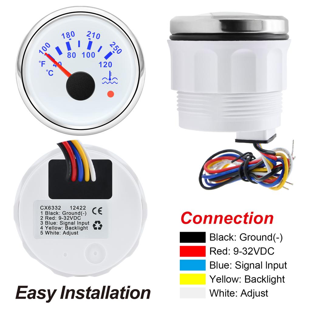 40-120℃,100-250℉ 52MM Water Temperature Gauge With Flashing Alarm Temp Sensor 10.2MM for Auto Car Boat Yacht 7 Color Light