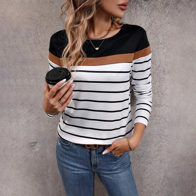 Дизайнерские женские футболки с полосатым принтом, модные осенние хлопковые футболки с длинными рукавами, повседневные свободные уличные футболки Y2K Женская одежда Топы