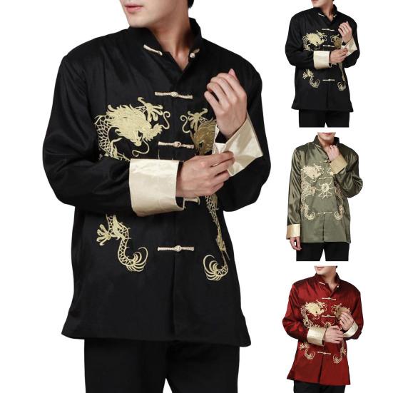 Пиджак в стиле Тан с двумя драконами в стиле ретро с длинными рукавами и стойкой в китайском стиле