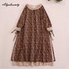 Japanese Mori Girl Spring Autumn Women Midi Dress Ruffled Collar Floral Print Patchwork Retro Dress Vintage Cotton Linen Embroidery Hollow Out Dress