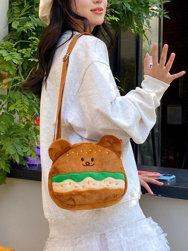Cute Hamburger Bear Mini Shoulder Purse With Zipper Closure For Casual Outfits