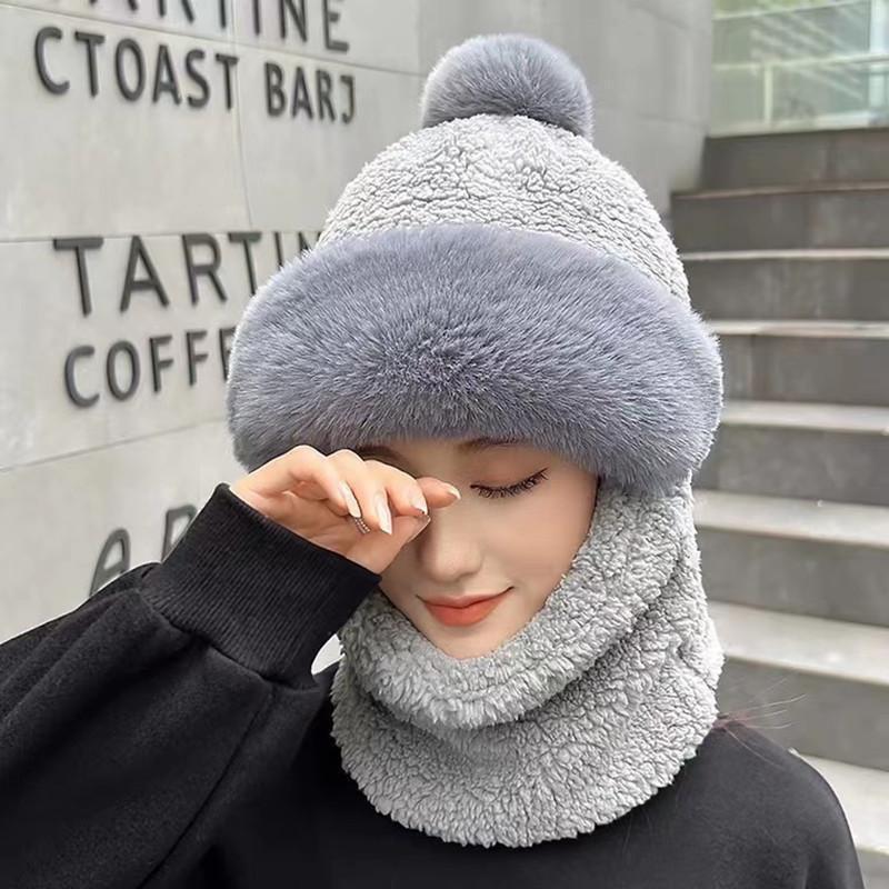 Winter Scarf Set Hooded for Women Plush Neck Warm Outdoor Ski Windproof Hat Thick Plush Fluffy Beanies
