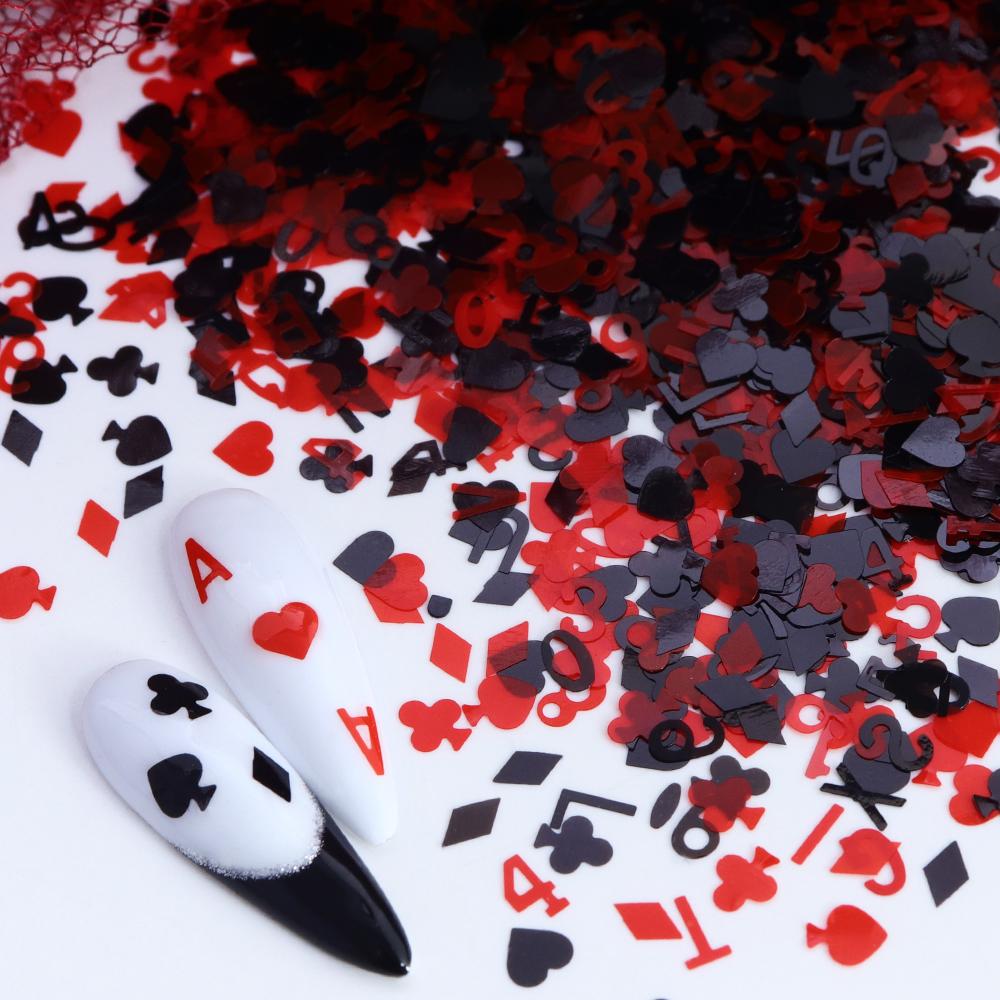 10g Red Black Nail Sequins Decorations 3D Poker Heart Numbers Letters Flakes for DIY Nail Art Supplies Nail Manicure Accessories