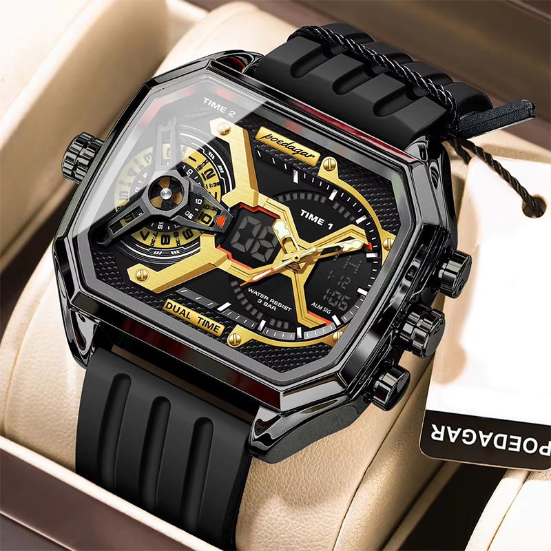 Роскошные мужские часы LED Календарь Неделя Светящиеся Мужские Наручные часы Электронные Прямоугольные Силиконовый Ремешок Кварцевые Мужские Часы