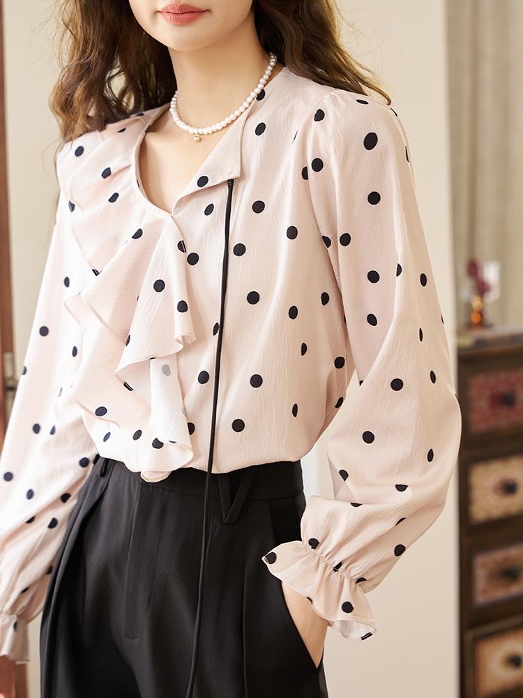 Mishow Женская блузка, новинка 2024 года, элегантная винтажная блузка во французском стиле в горошек с рюшами и длинными рукавами, с v-образным вырезом, офисные женские топы MXC45X1300