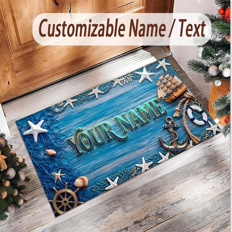 Fish Ocean Theme Soft Crystal Velvet Rug Custom Name & Text Print Non Slip Floor Rug for Bedroom Living Room