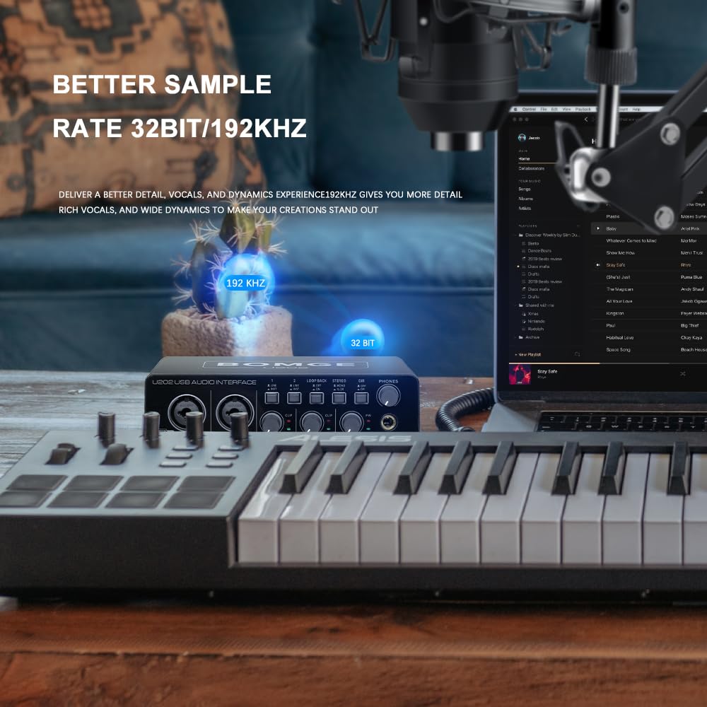 USB Аудиоинтерфейс BOMGE U202 с предусилителями для микрофона, портами XLR/TSR/TS, 48V, разрешением 32-бит/192 кГц, для записи на компьютере, стриминга и подкастинга