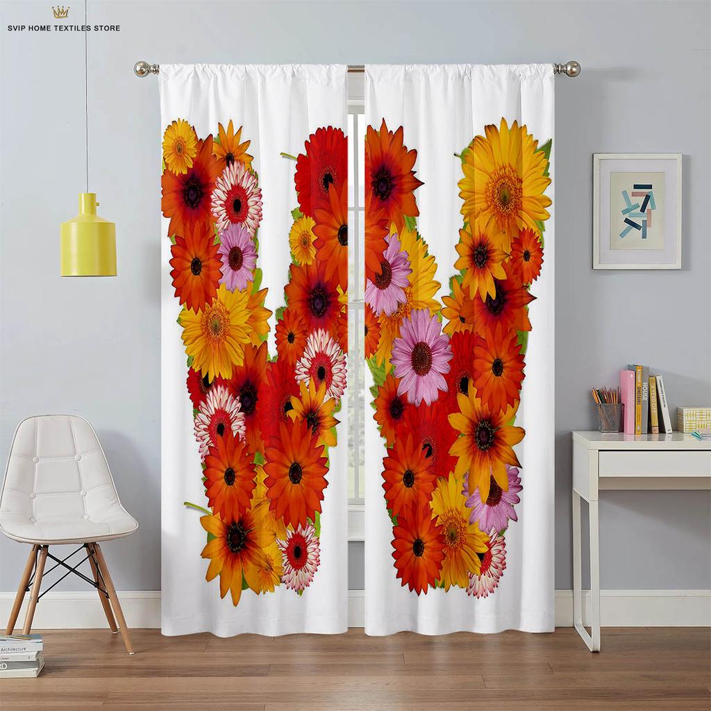 Шторы с цветочным и подсолнечным принтом, черный шелк, светонепроницаемые шторы, подходят для спальни, гостиной, кабинета, 2 штуки