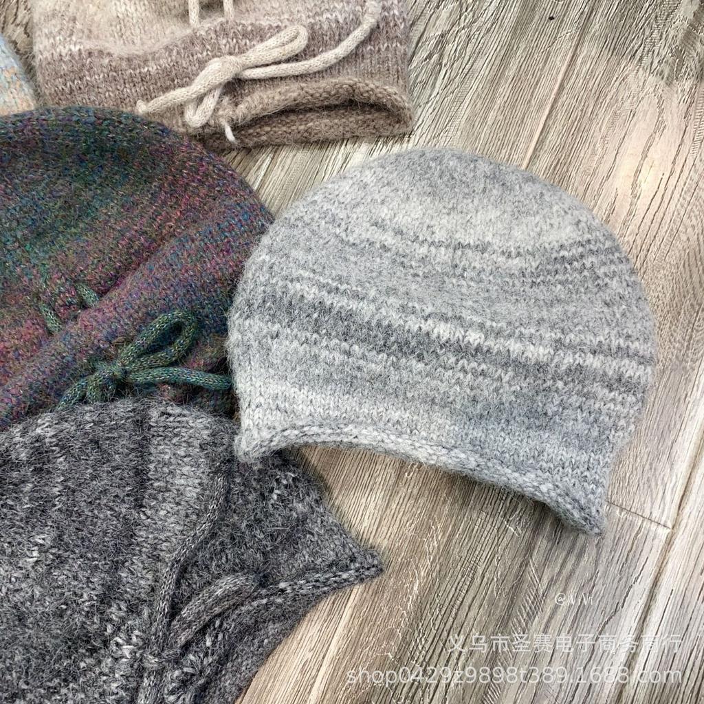 Gradual change color wool knitted wool hat women's autumn and winter big head circumference drawstring stacking hat thermal pullover hat