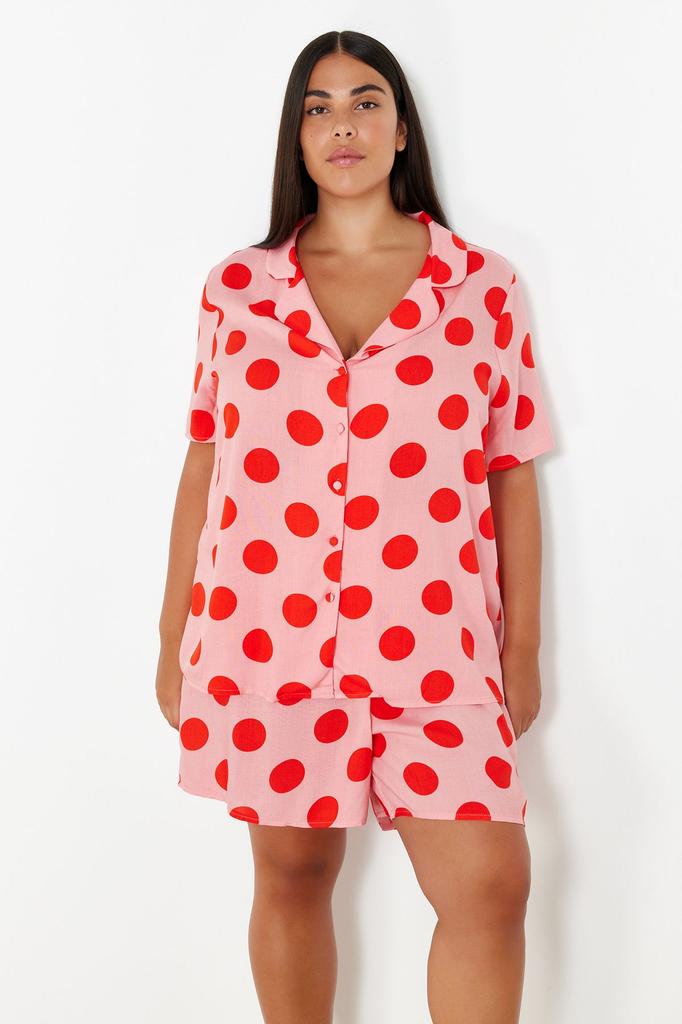 Women's Style Plus Size Pajama Set Pink Shirt Collar Polka Dot Woven Pajama Set