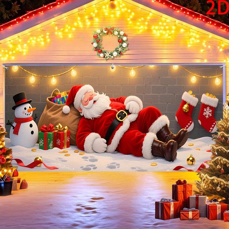 Christmas garage door decoration with sleeping Santa Claus, snowmen and flashing lights - winter Christmas background cloth