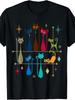 Men's & Women's Retro Cat Graphic T-Shirt - Black Background Vintage Tee with Teal Blue, Brown, Red, Orange, Turquoise Cats - Mid-Century Modern Crewn