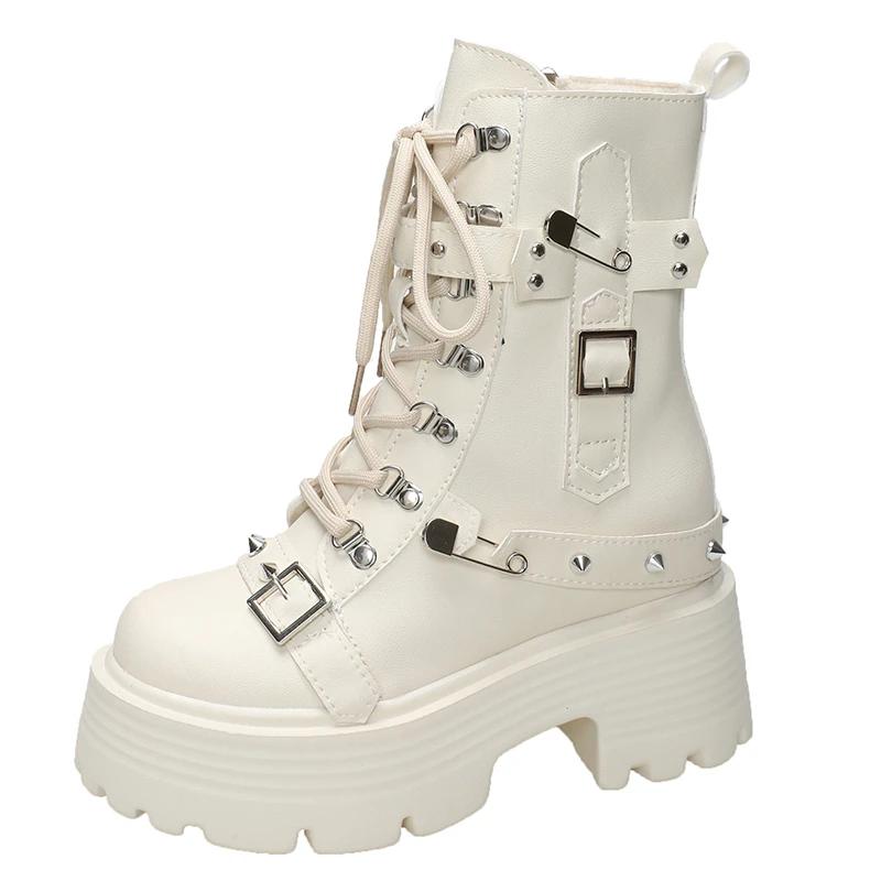 Fashion Women Autumn Winter Warm Plush Punk Boots Fashion Chunky Leather Sneakers 9CM Wedge Buckle Rivet Platform Motorcycle Ankle Boots