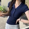 Korean chic half-breasted front shoulder short-sleeved slim-fitting T-shirt women's 2026 summer new unique and beautiful pinch waist top
