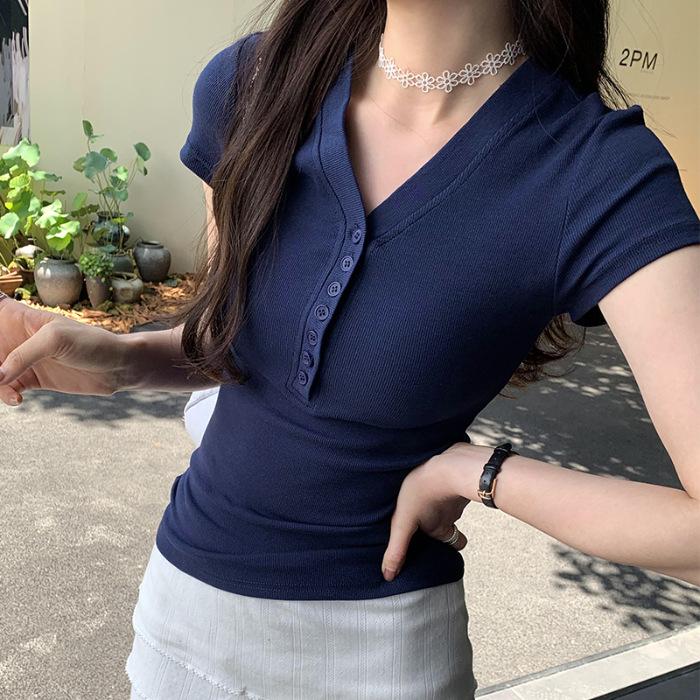 Korean chic half-breasted front shoulder short-sleeved slim-fitting T-shirt women's 2026 summer new unique and beautiful pinch waist top