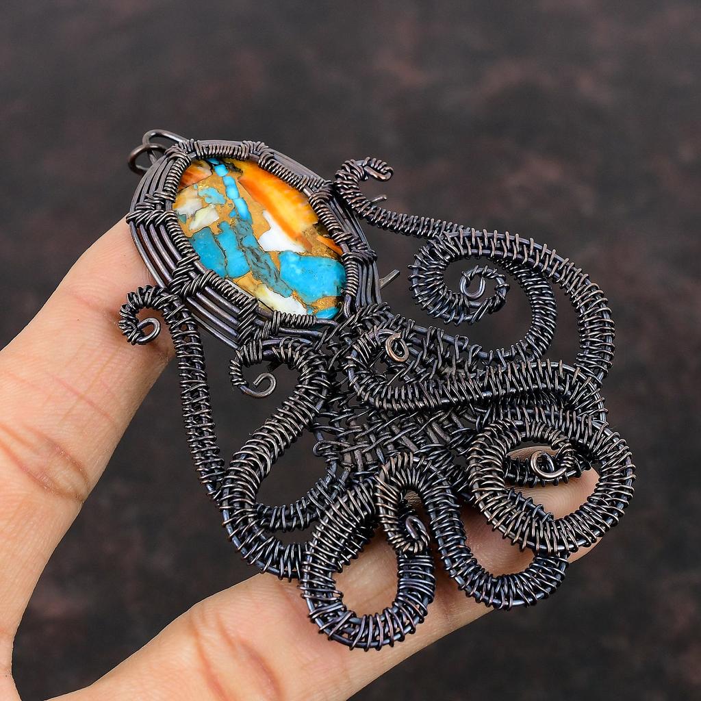 Колючая устрица Медь Бирюза Подвеска Медная проволока Осьминог Кулон ручной работы Драгоценные камни Подвеска из медной проволоки Подарок для нее
