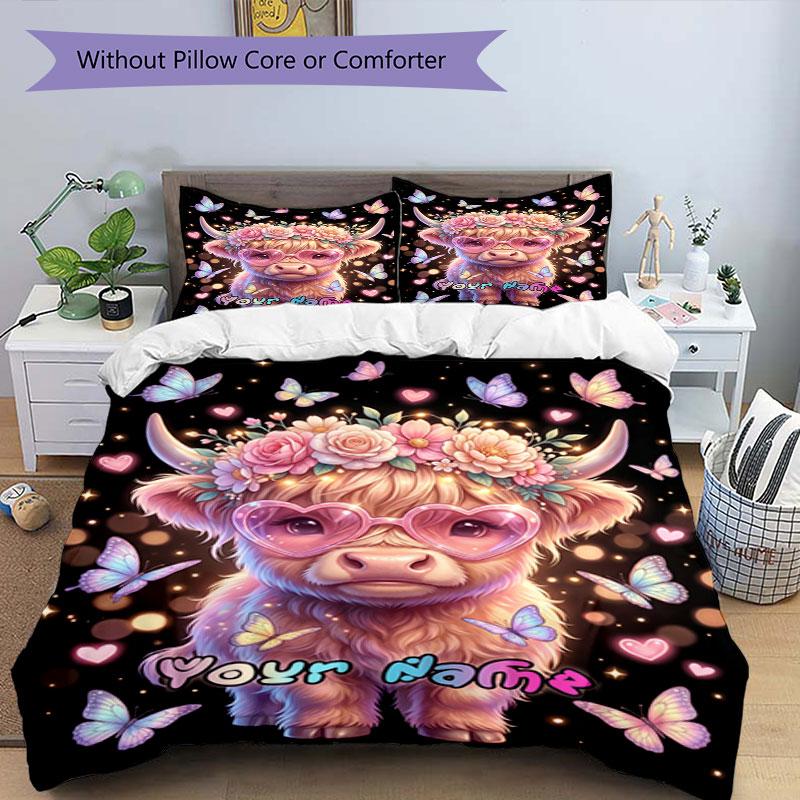 3PC Custom Name Pink Cow Heart Glasses Bedding Set Duvet Cover Closure Includes 1 Duvet Cover & 2 Pillowcases for Bedroom