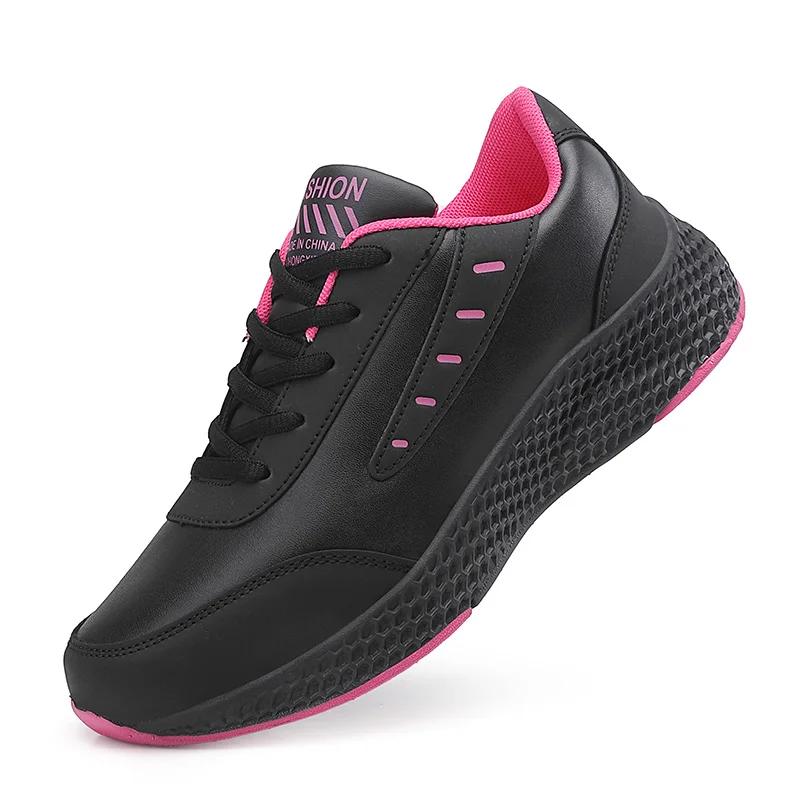 Fashion Women's Leather Sneakers Casual Sneakers Lace Up Flats Lightweight Comfortable Black Anti-slip Running Shoes Outdoor Sports