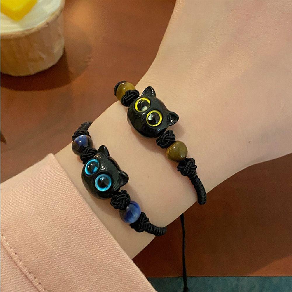 Простое ручное кольцо, браслет с черным котом, подвески в виде кошки, браслет, женские ювелирные аксессуары, тканая ручная веревка