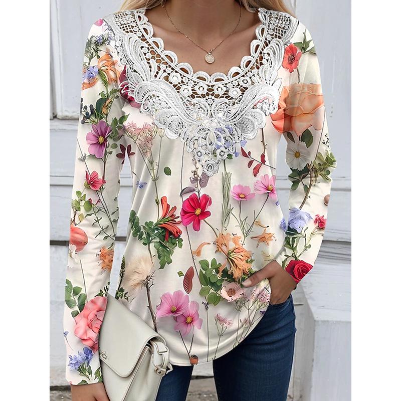 Women's T-Shirts Casual Round Neck Long Sleeved Tops Autumn Pullover Printed Multi-color Women's T-shirt with Lace Stitching