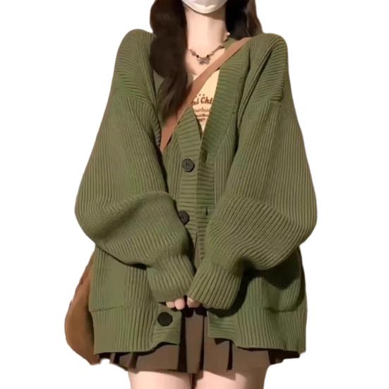 Women Sweater Coat V-Neck Long Sleeve Solid Color Knitting Coat with Large Pockets Mid-Length Loose Fit Sweater Cardigan