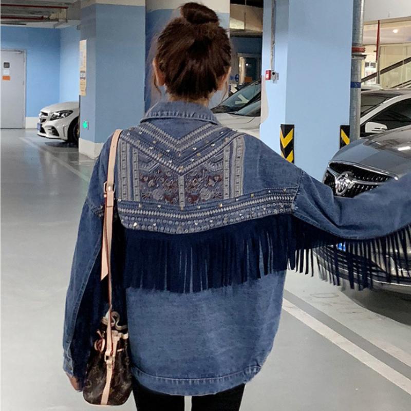 Женская джинсовая куртка 2025 года, осень, новая джинсовая рубашка с вышитыми кисточками, женские свободные повседневные пальто, модный дизайн, корейская версия Y2K