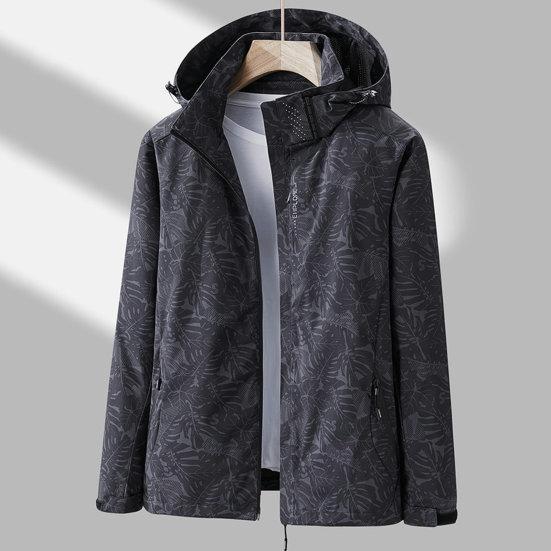 Women Jacket Outdoor Windbreaker Single-layer Waterproof Leaf Print Breathable Long Sleeve Hooded Zipper Pockets Zip Up