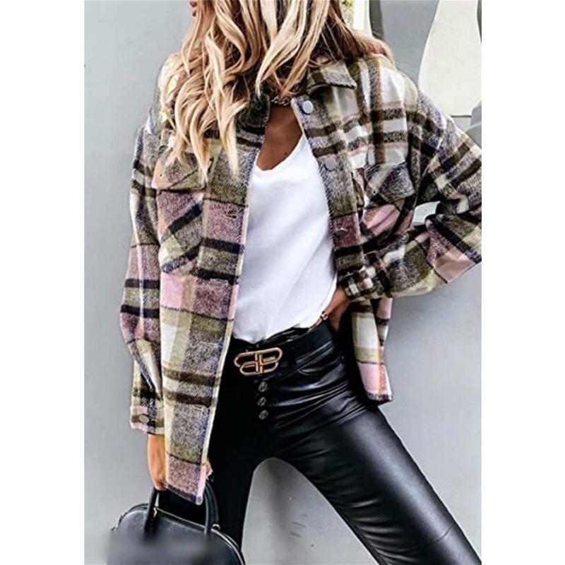 Осенняя женская клетчатая рубашка с длинным рукавом и большим карманом, свободного кроя, куртка средней длины