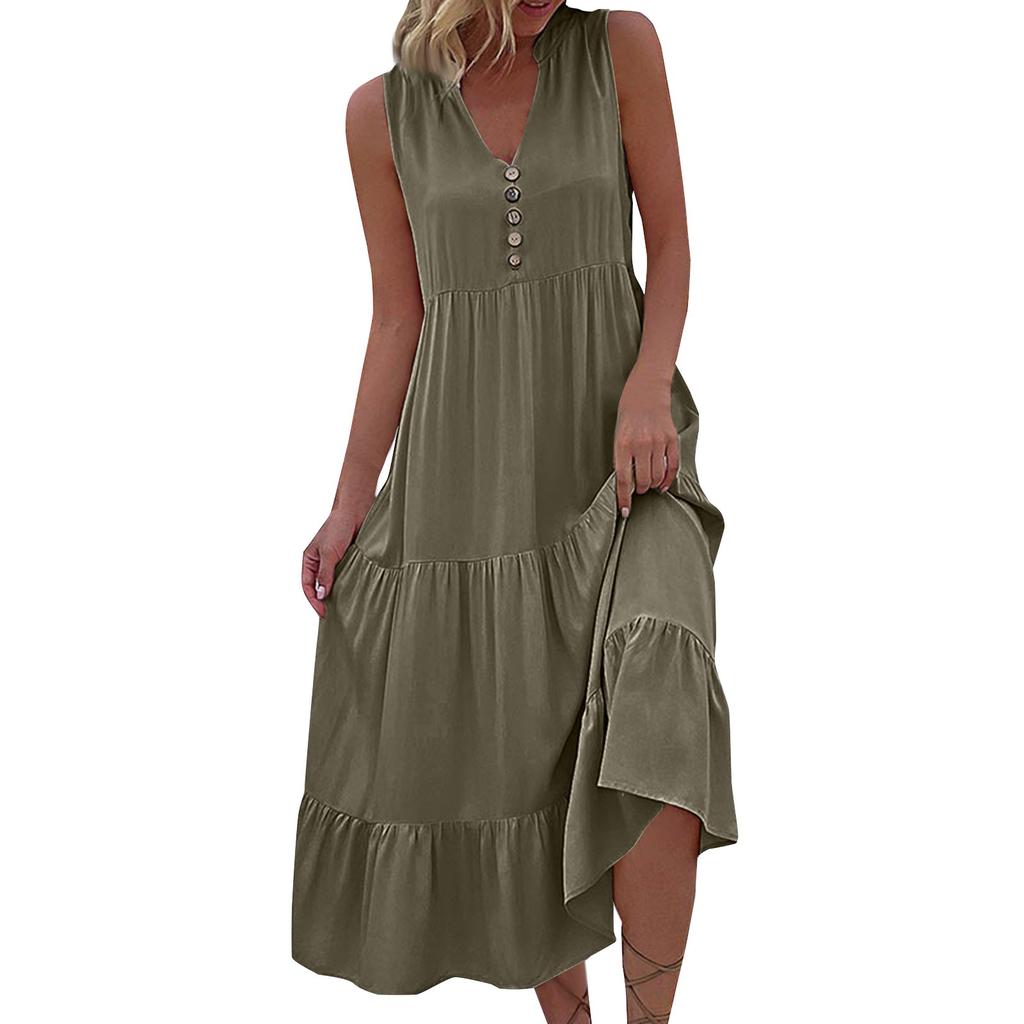 Women's Fashion Sleeveless Pleated Loose V-Neck Mid-Length Solid Colour Dresses
