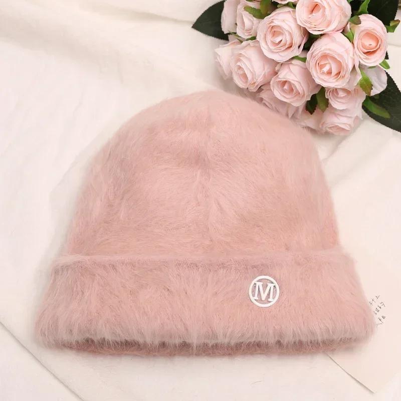 Fashion Rabbit Fur Beanies Women Soft Warm Fluffy Angola Winter Knitted Hat Female Plush Windproof Bonnet Skullies Cap
