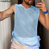 INCERUN Summer Men Sleeveless Side Lace-up Hollow See Through Beach Tank Tops