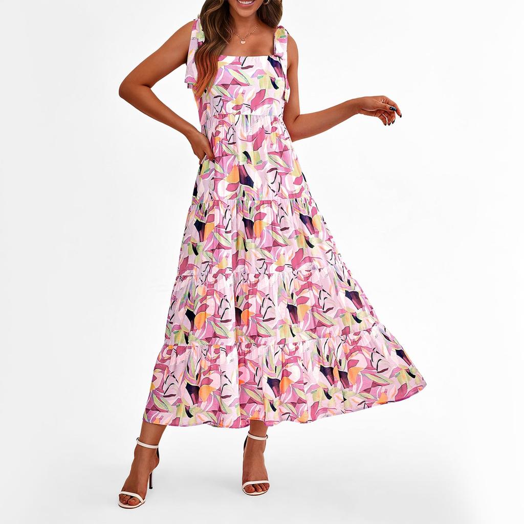 Women Dresses Summer Floral Sleeveless Maxi Dress Casual Spaghetti Strap Tiered Flowy Beach Long Dress