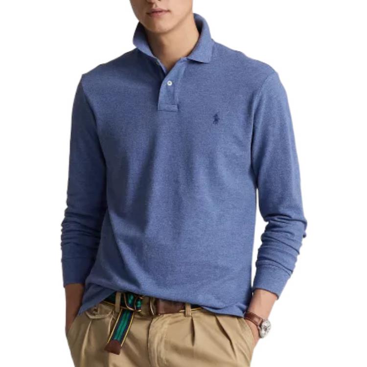 Polo Ralph Lauren FW22 Однотонная сетчатая рубашка поло с длинным рукавом и вышитым логотипом, мужские топы синего цвета MNPOKNI16822282-420