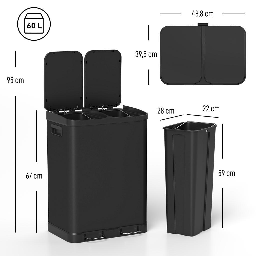 Kitchen Double Compartment Trash Can 2 X 30L With Stainless Steel Pedal Soft Close Lid Black
