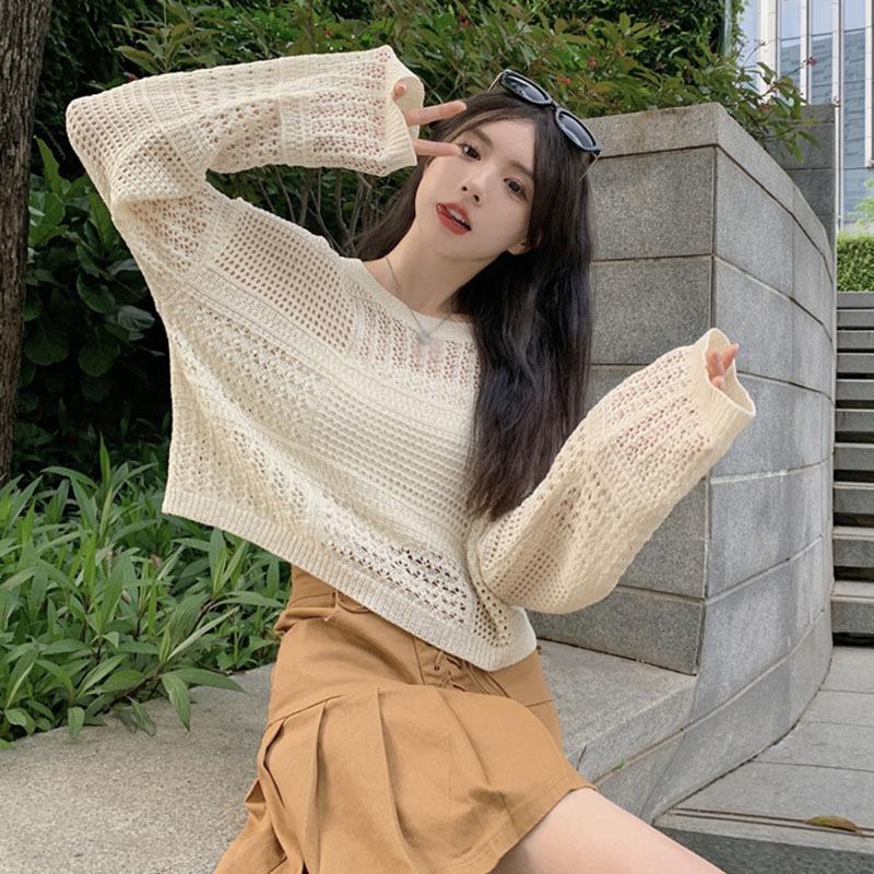 Блузка с длинным рукавом с круглым вырезом, повседневные вязаные осенние футболки из дышащей сетчатой ​​ткани