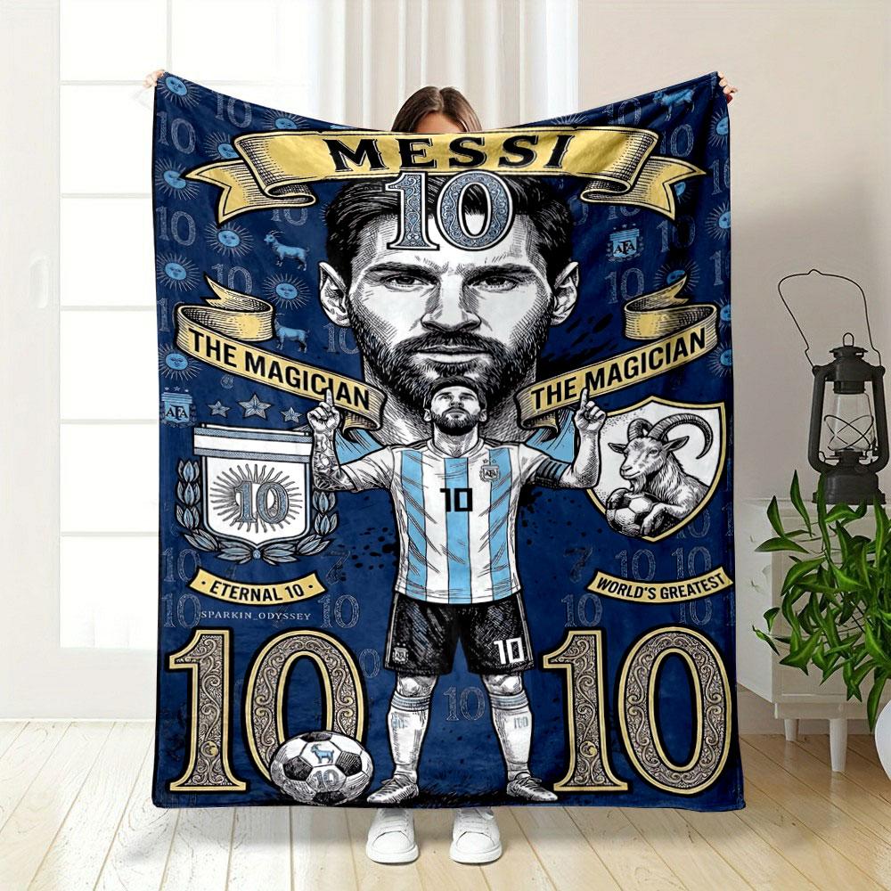 Blue-themed tribute featuring "10," goats, banners, and a footballer motif. for all seasons blanket lunch break throw gift