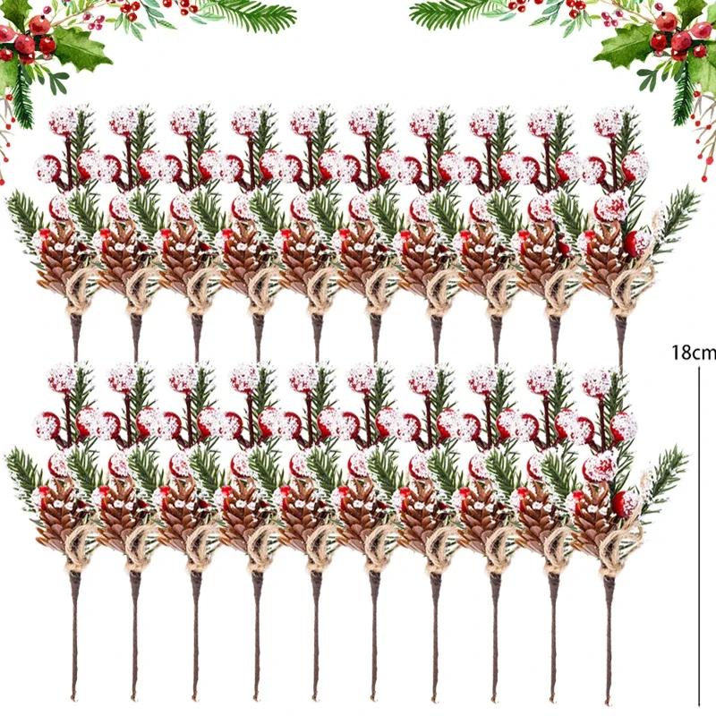 2/20 шт. рождественские шишки ветки искусственные сосновые ветки красные ягоды ветка DIY рождественский венок рождественское украшение для елки поставка