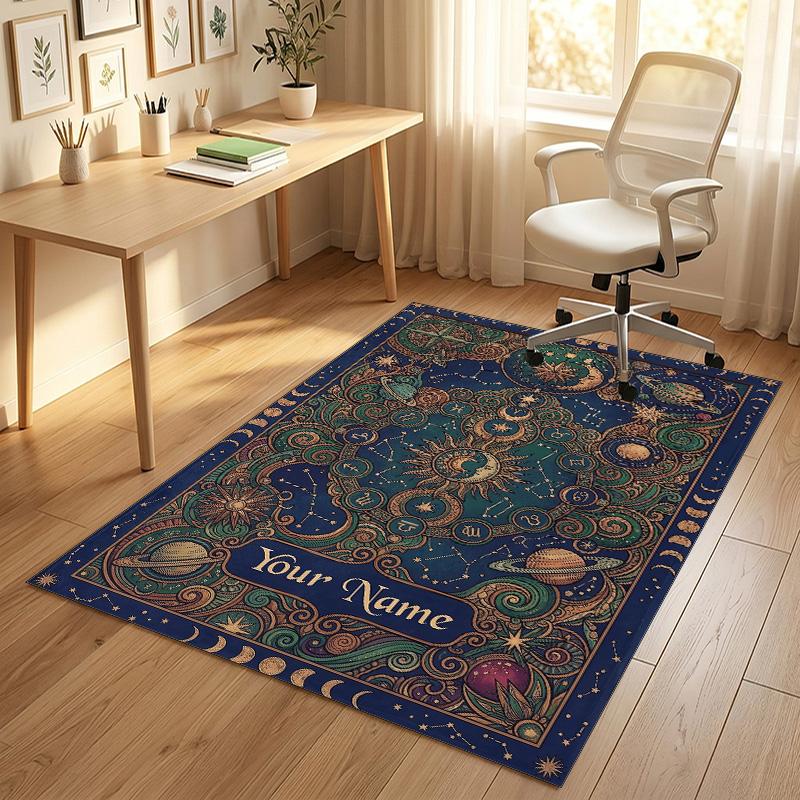 Cosmic Owl Theme Soft Crystal Velvet Rug Custom Name & Text Print Non Slip Floor Rug for Bedroom Living Room