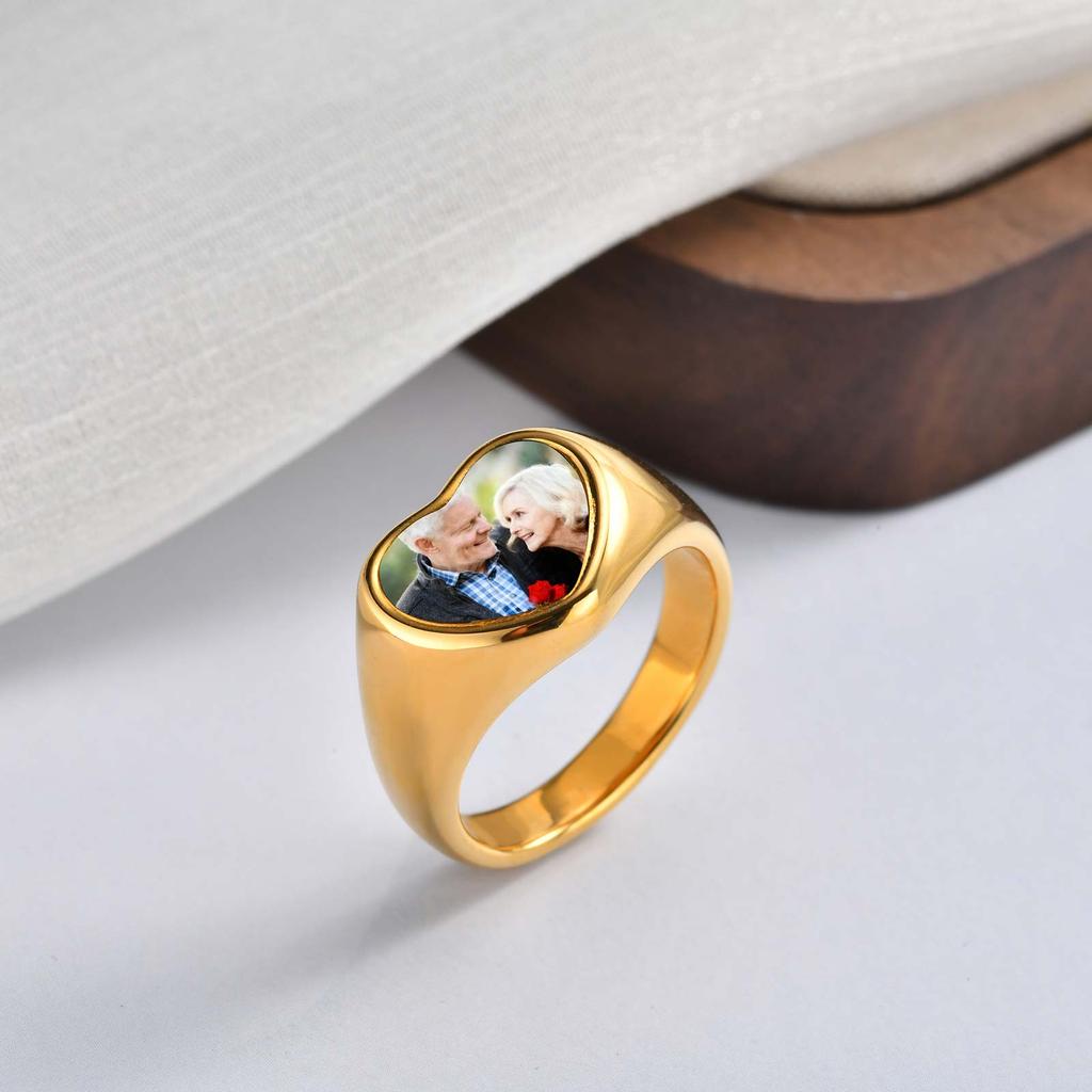 Custom Photo Signet Ring for Woman Stainless Steel Logo Symbol Image Family Photo Round Heart Rings Personalized Jewelry Gift