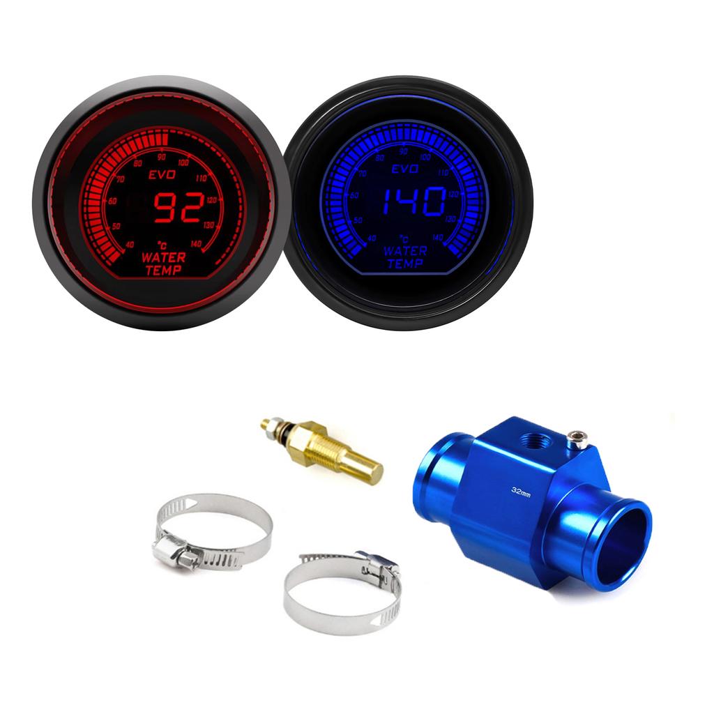 52mm Car Water Temperature Gauge LCD 40~140 ℃ Red Blue Backlight With Water Temp Sensor Water Temp Joint Pipe Sensor Adapter