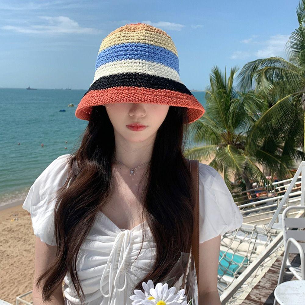 Солнцезащитная шляпа-ведро Тент Кепки для пляжа Рыбацкая шляпа Радужная соломенная шляпа Спорт на открытом воздухе