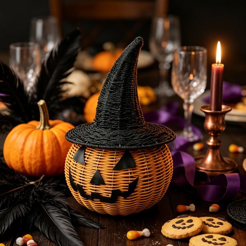 Hand Knit Pumpkin Decor With Witch Hat Halloween Party Table Setting Home Decoration