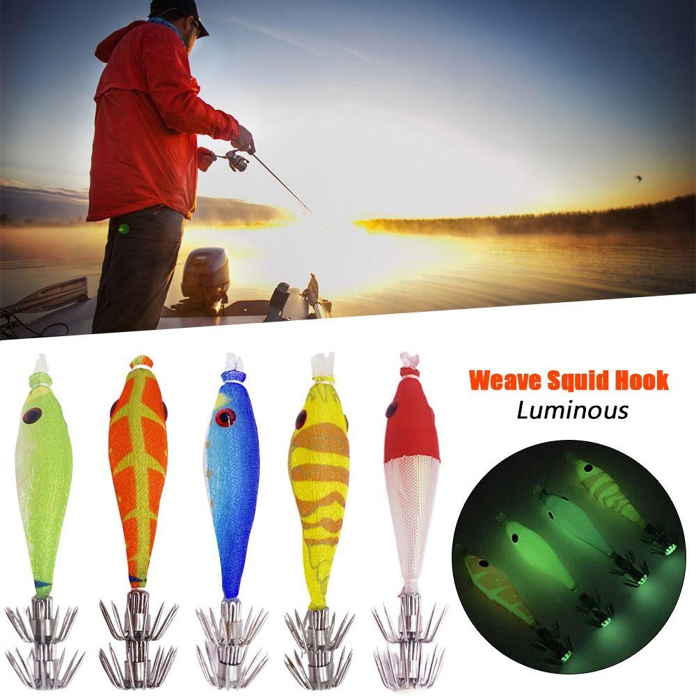Simulation Jigs Luminous Lead Sinker Wood Shrimp Lures Octopus Bait Weave Squid Hook Fishing Tackle