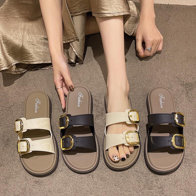 New Retro Soft Bottom Flat Bottom Belt Buckle Slippers Women's Summer Beach Non-slip One-word Cool Slippers