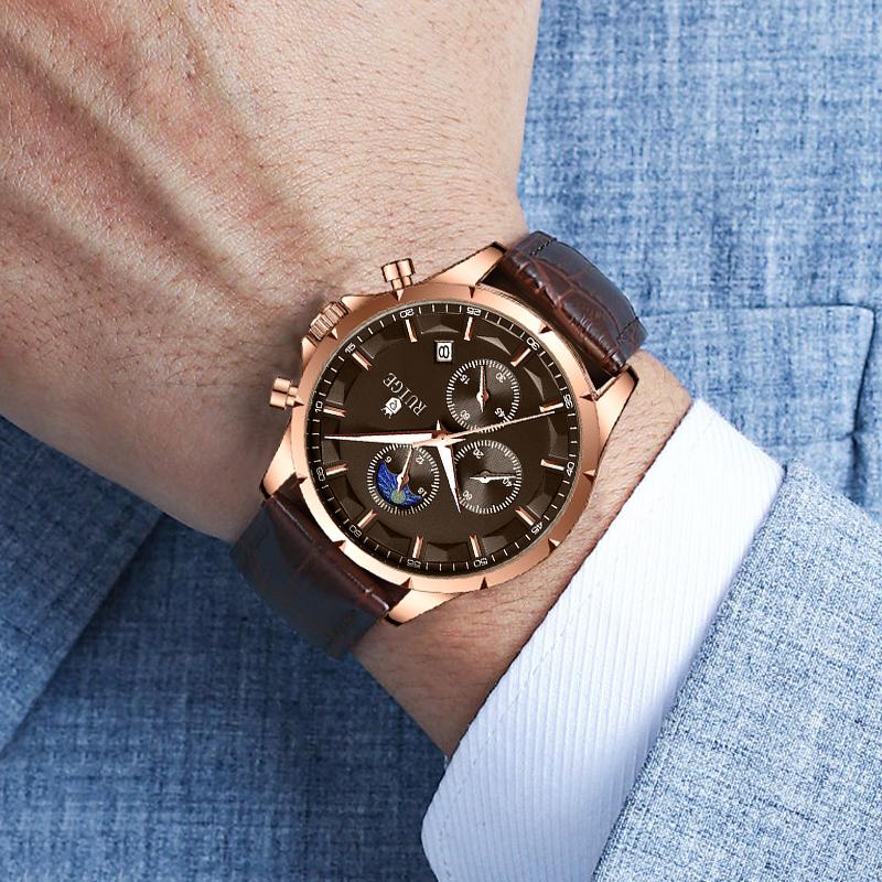 RUIGE New Multi functional Men's Quartz Watch Authentic Leather Glow Trend Men's Watch Waterproof Blue Men's Watch