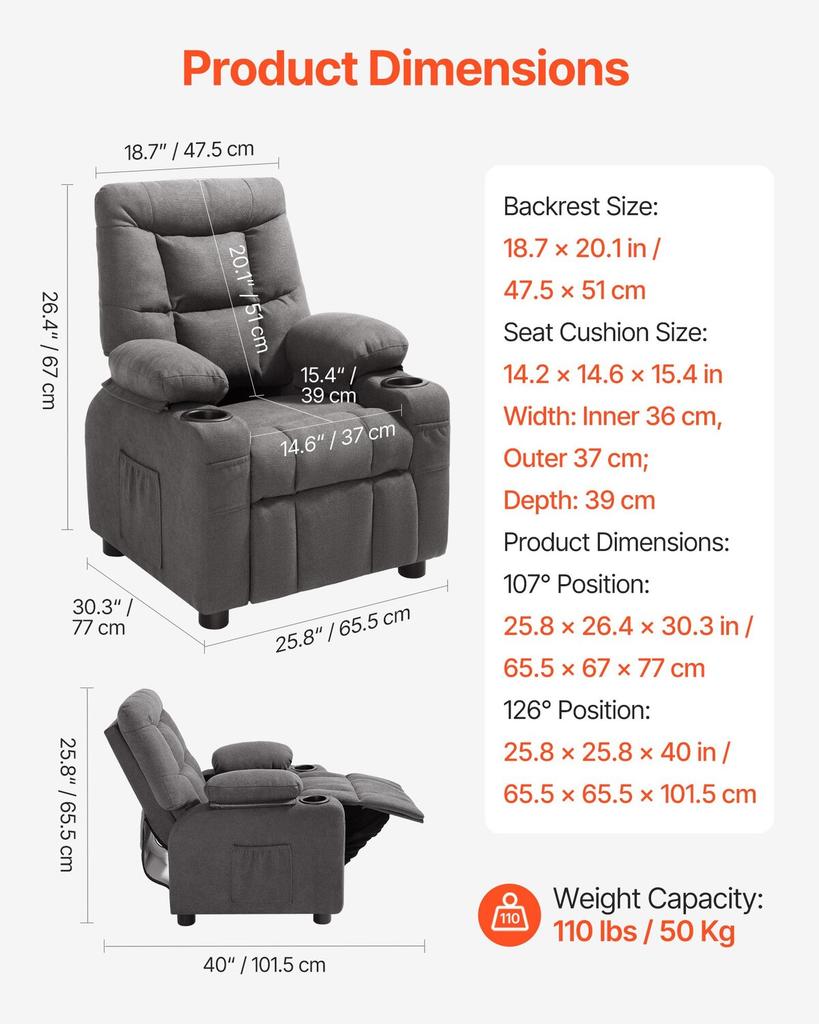 Kids Recliner Chair, Toddler Lounger with Cup Holders & Pockets, 107° to 126° Adjustable Back, Breathable Polyester Upholstery Reclining Sofa with