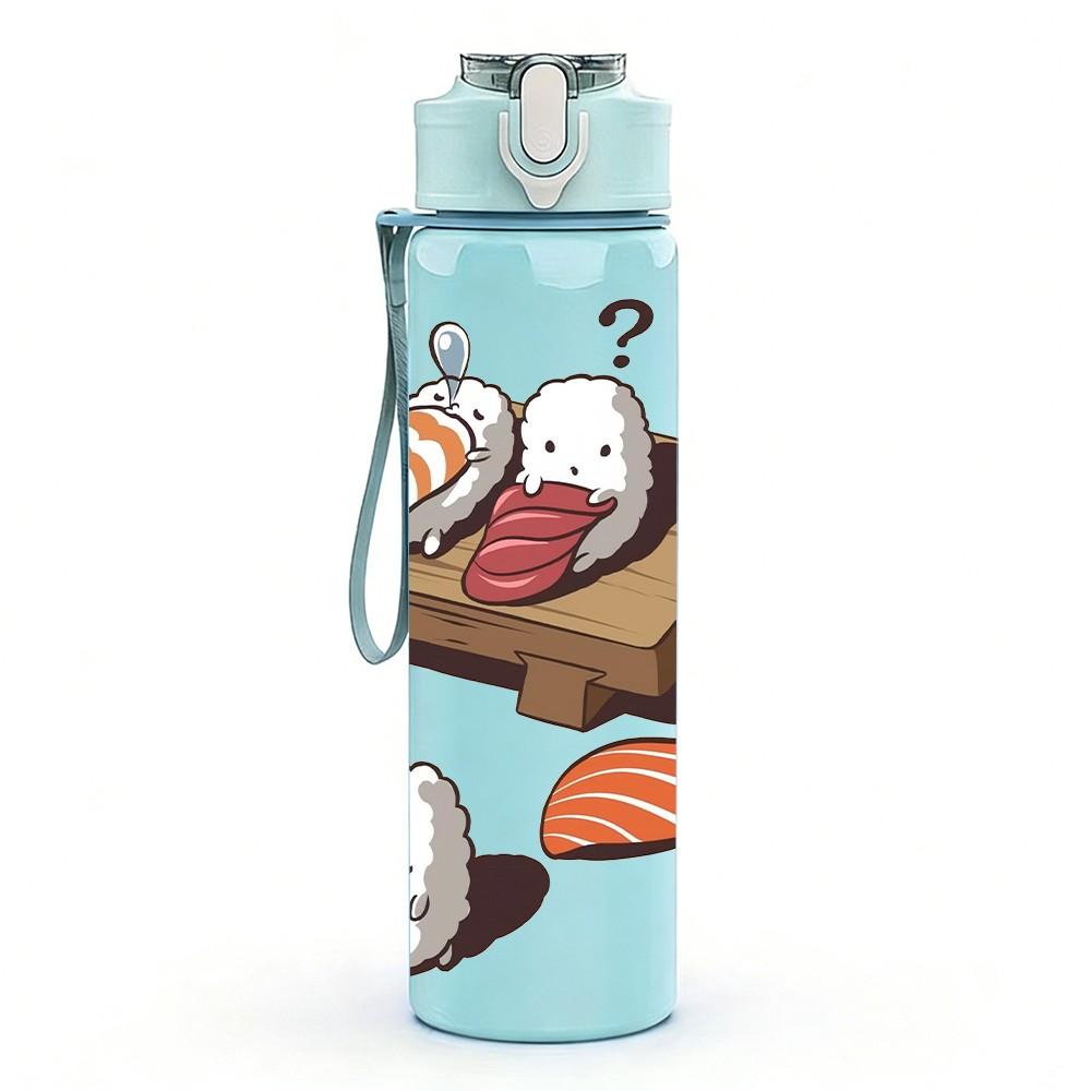 1PC Sushi Seafood Food Print Pattern 750ml Color Plastic Sports Water Bottle Leakproof Flip Straw Lid Suitable for Sports Office Home Use