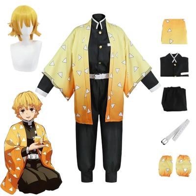 Аниме Agatsuma Zenitsu Косплей Костюм Кимоно Хэллоуин Kleding Вечеринка Униформа Pruik Vrouwen Дети