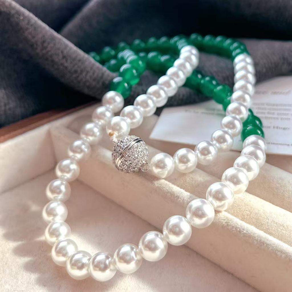 High Quality Natural Chalcedony Strong Light Artificial Crystal Pearl Necklace Collarbone Chain Sweater Chain